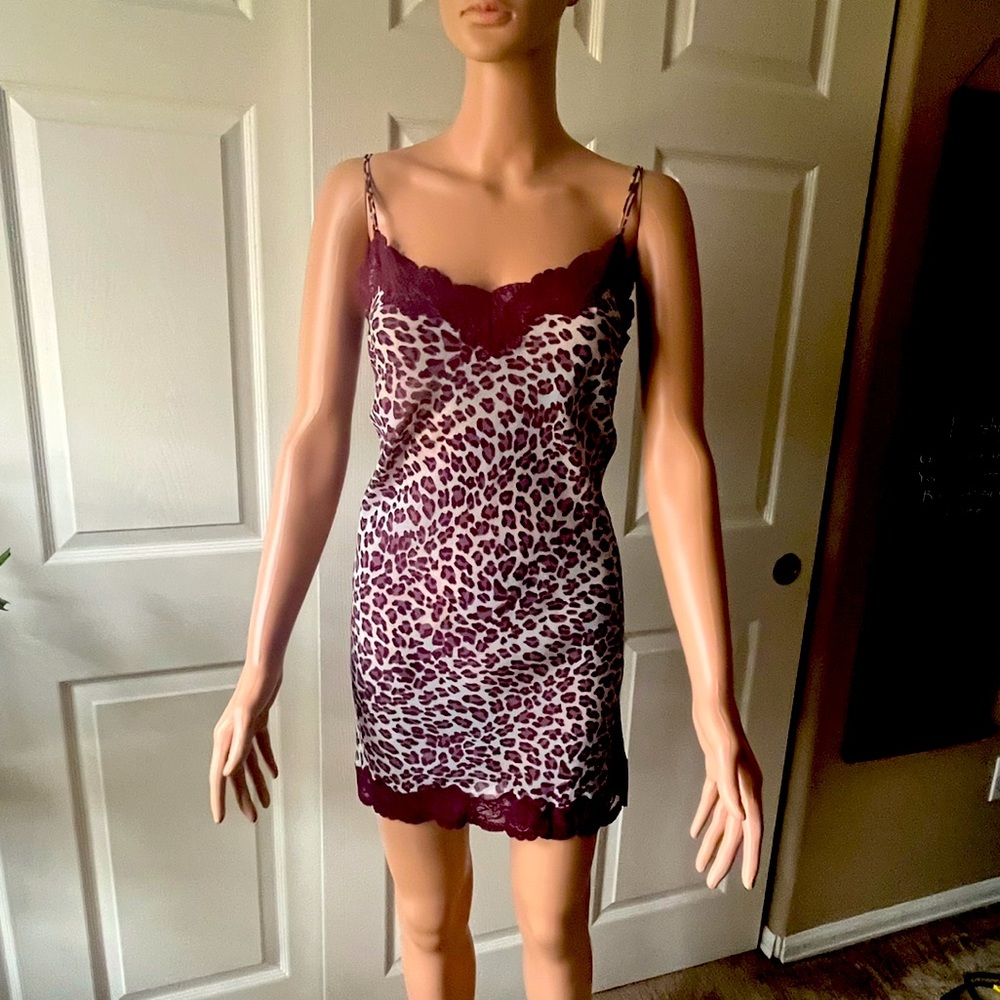 Plum and Grey Leopard Print Nightie With Plum Lace